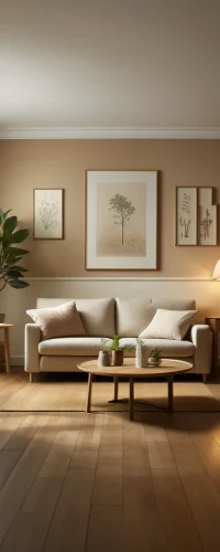 DALL·E 2024-04-15 13.08.41 - Mid-range living room interior in beige tones, featuring a comfortable beige sofa, a simple wooden coffee table, and soft, ambient lighting. The decor