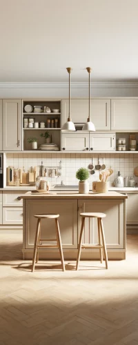 DALL·E 2024-04-15 13.09.09 - Functional mid-range kitchen interior in beige tones, featuring simple beige cabinetry, a modest island with stools, and practical appliances. The ove